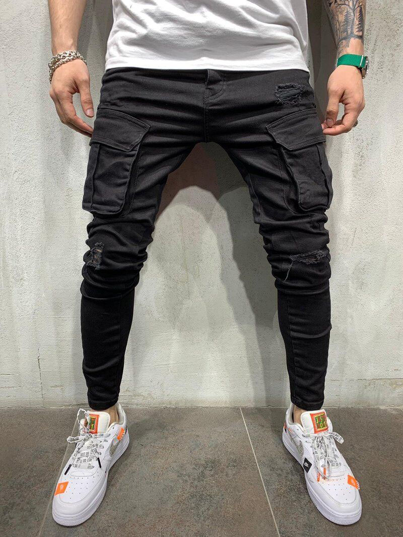 Hommes extensible maigre déchiré jean hommes poche latérale lavé mince Denim pantalon Biker jean pantalons de survêtement Hip Hop pantalon survêtement: XL / Marron