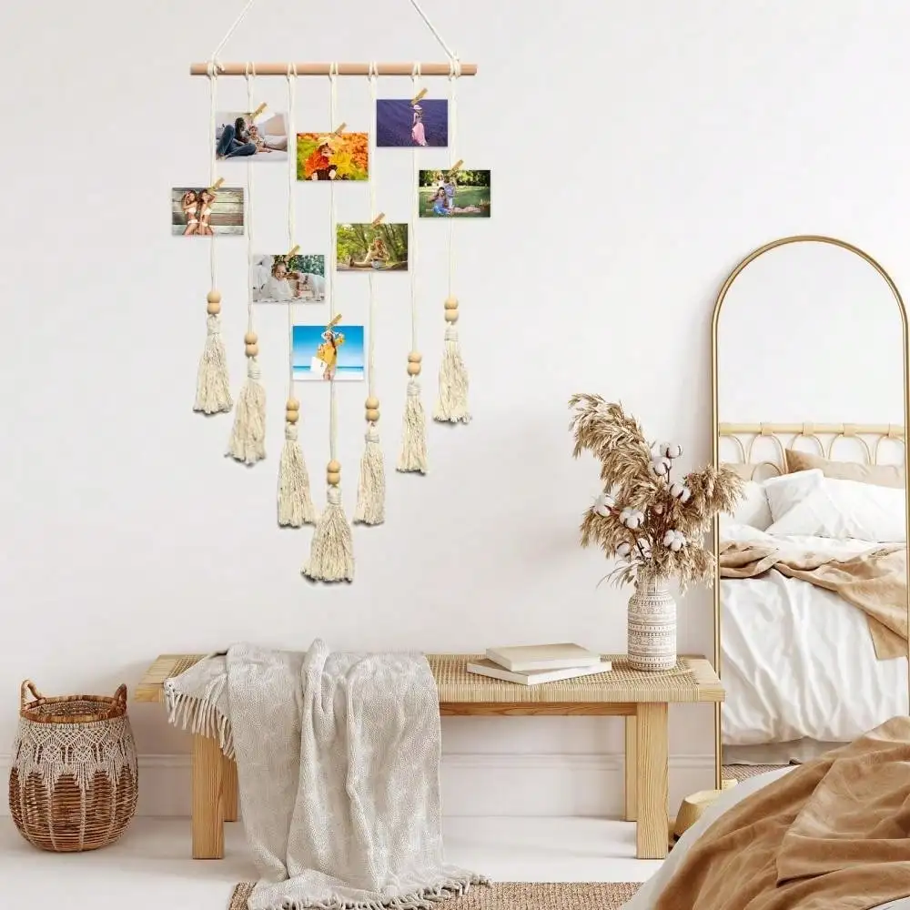 Bohemian Photo Wall Material Kit with 10 Clips, Tapestry Handmade Rope Photo Decoration Wall Hanging Birthday Graduation
