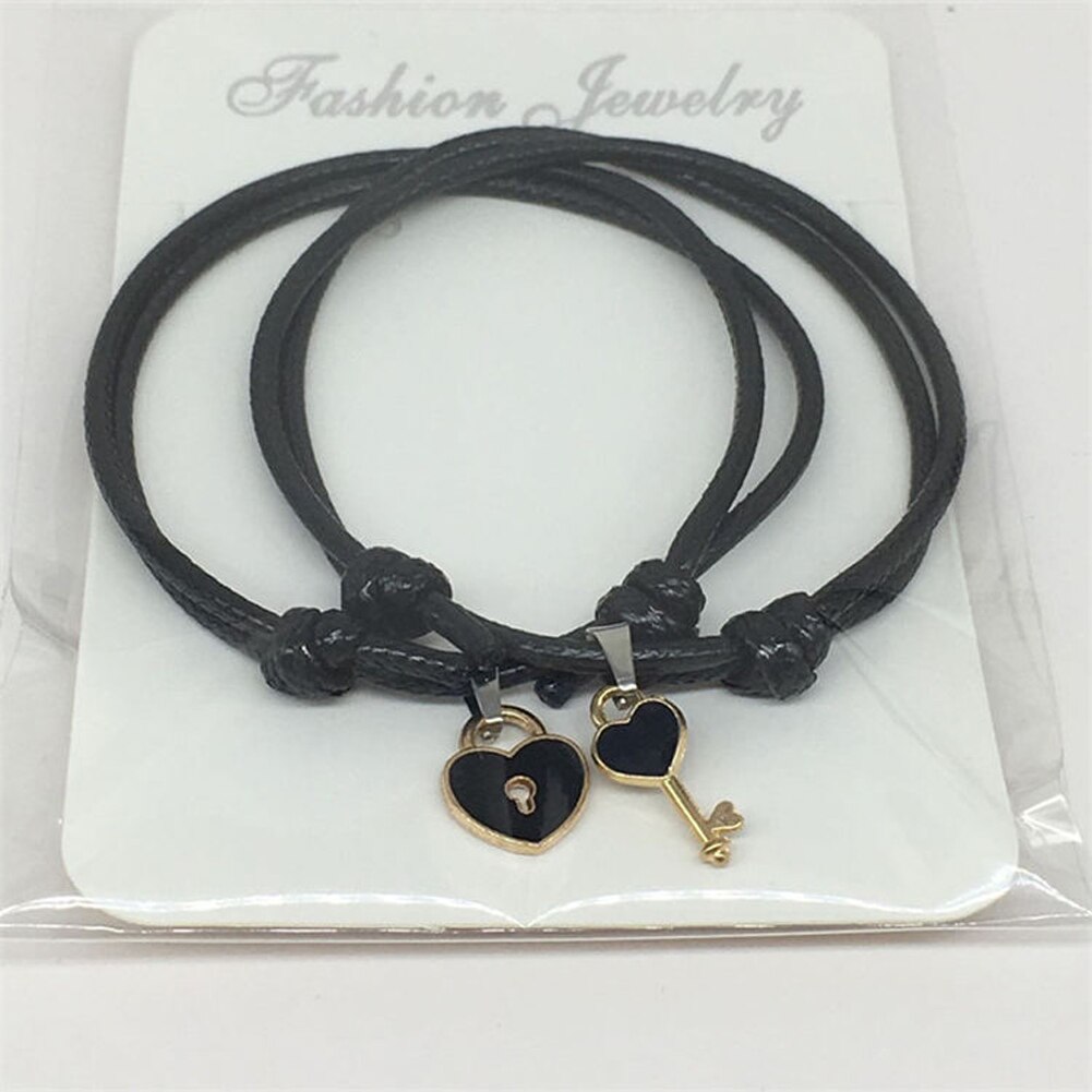 Couple Bracelet Alloy key Heart Lock Charm Bracelet Black Handmade Jewelry Rope Bracelet Lovers for Women