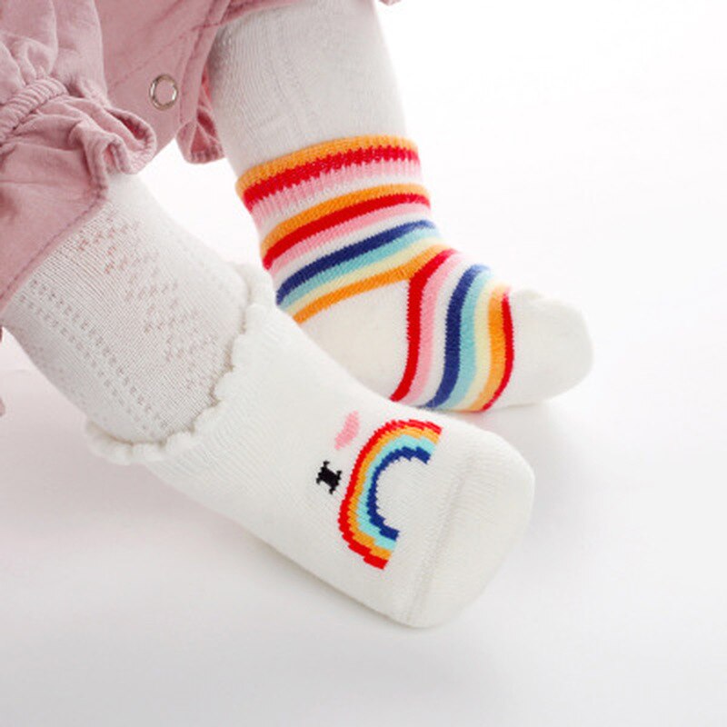 Chaussettes antidérapantes en coton pour bébés garçons et filles, 1 paire, motif arc-en-ciel, pour bébés de 0 à 6 mois