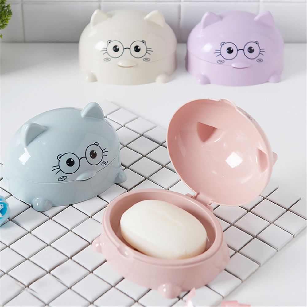 Porte-savon en forme de chat de dessin animé, avec couvercle, Portable, jolie boîte de douche, plateau de rangement, accessoires de salle de bains, 1 pièce