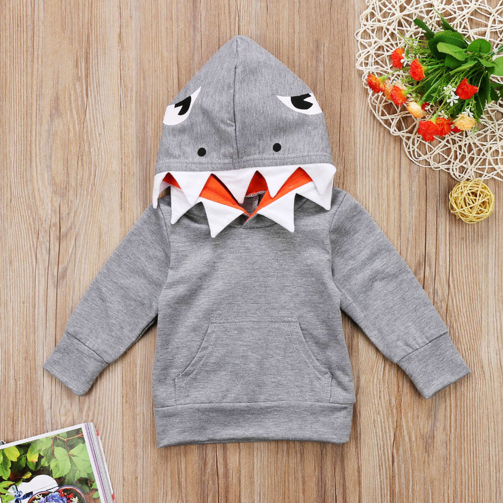 Tops con capucha de tiburón para niños pequeños, sudaderas con capucha, ropa informal de otoño con bolsillo, sudaderas de algodón suave y sólido