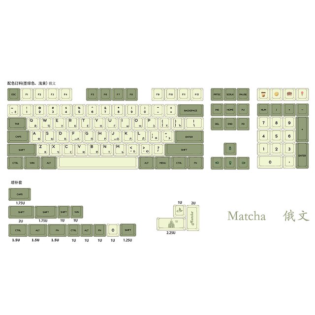 Pbt keycaps, matcha theme, xda profile, japanese, korean, russian alphabet, mx mechanical keyboard switches, 61 64 68 75 84 87 104: Russian base kit