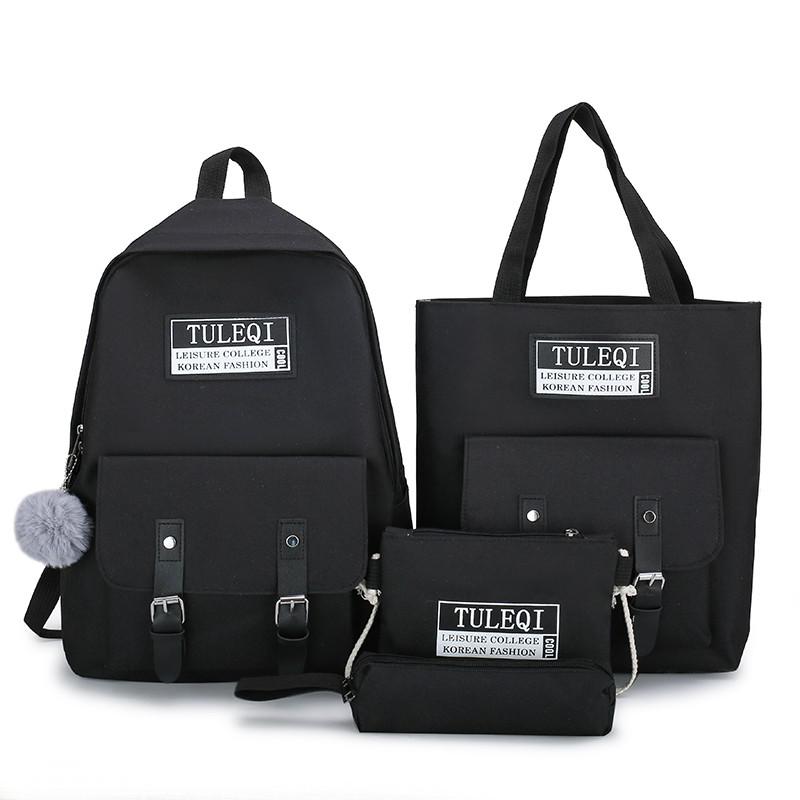 4 pcs sets Casual Backpacks Cute Canvas School Bags For Teenage Girls Women Backpack Anti-theft Laptop Shoulder Bags Mochilas: Black