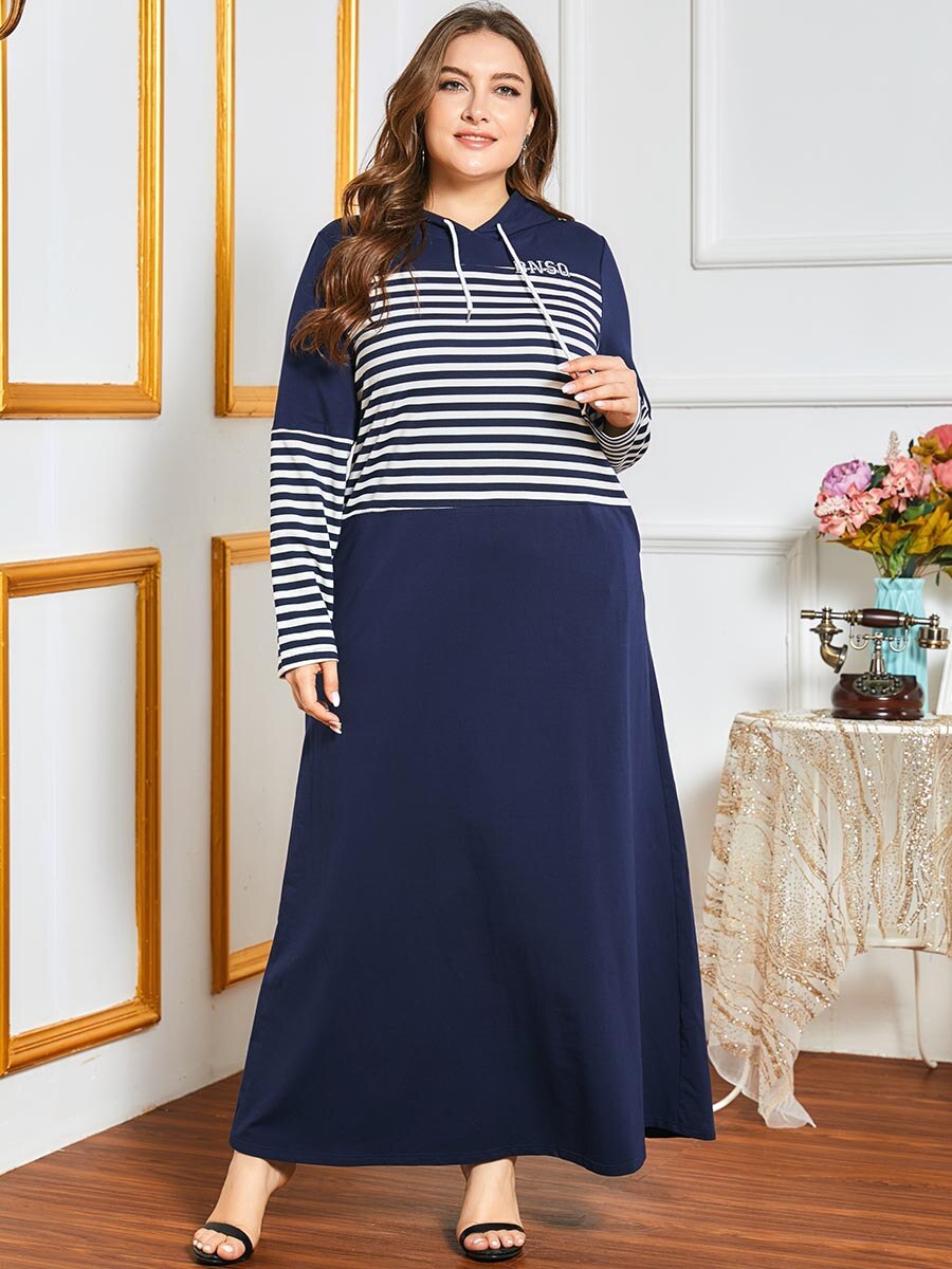 Robe longue à capuche pour femme, manches longues, rayures, imprimé contrasté, poches, ample, grande taille, style arabe, collection automne hiver
