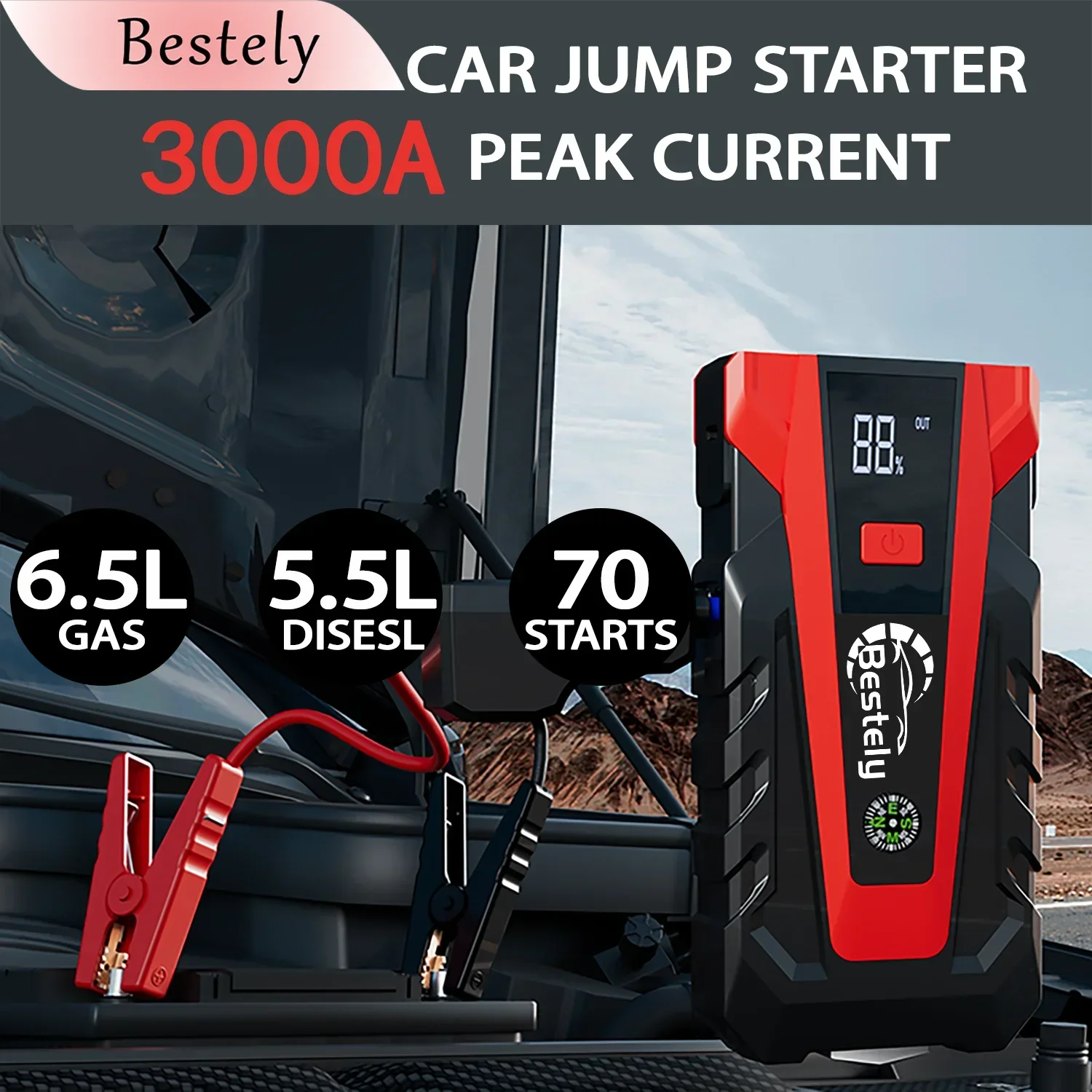 12v Car Battery Jump Starter,3000A Peak Jump Starter Battery Pack,Portable Jump Box withwith Full LCD Screen & LED Light & USB