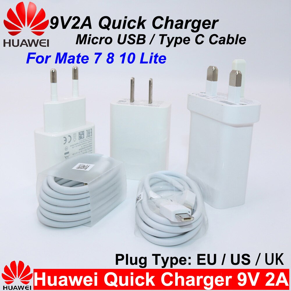 Huawei-cargador rápido 9V2A, adaptador de carga rápida QC2.0 para UE/EE. UU./Reino Unido, Cable Micro USB/Tipo C para Mate 7, 8, 10Lite, P8, 9, 10Lite, Honor 8