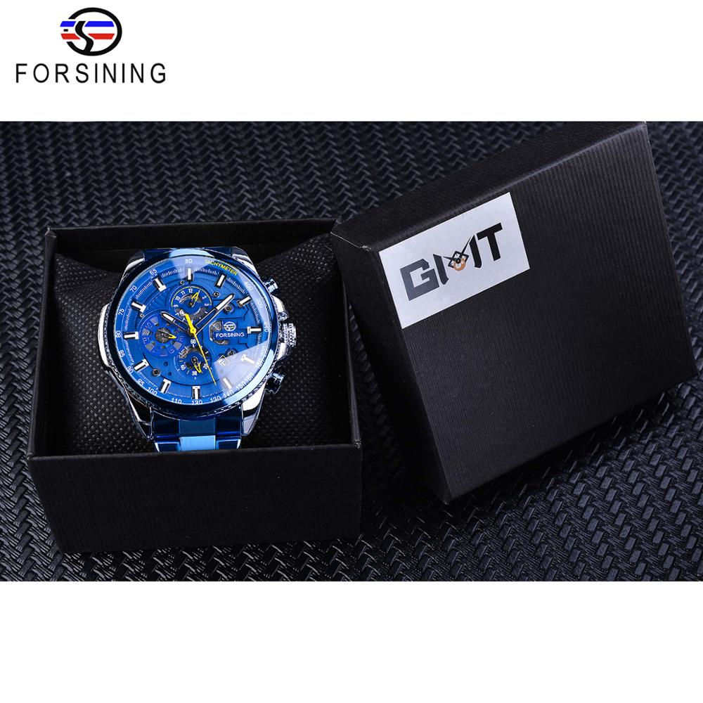 Forsining Heren Automatische Horloge Blauw Stalen Band Kalender 3 Sub Wijzerplaat Horloge Mechanische Waterdichte Mannelijke Klok Relogio Masculino