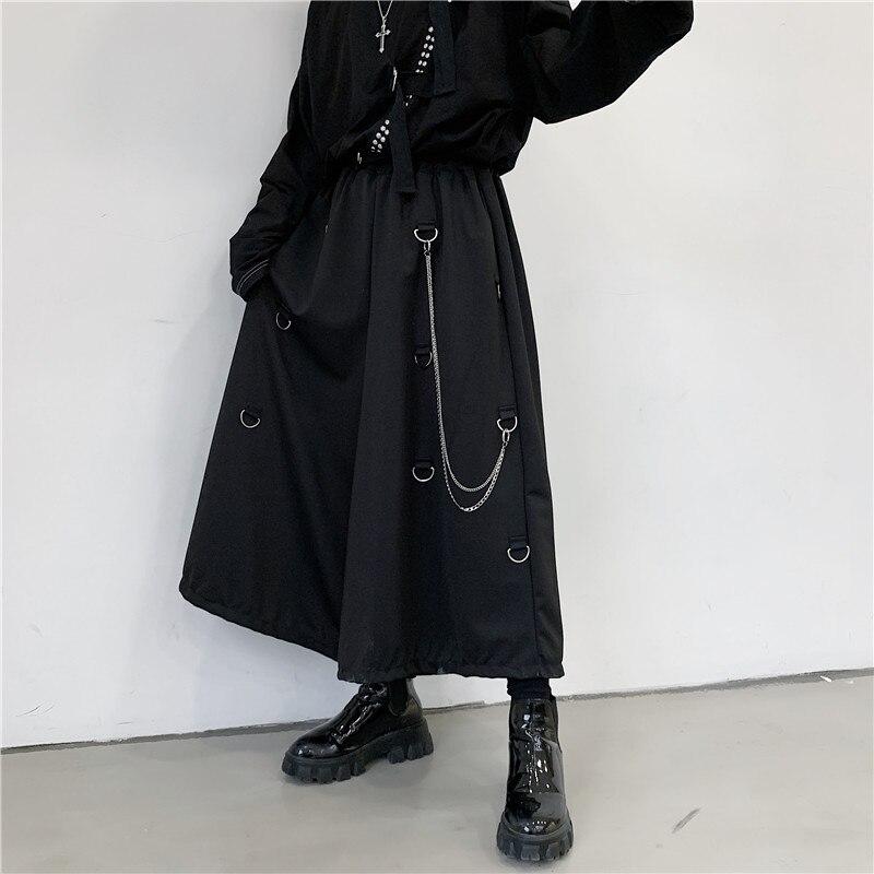 Herr metall kedja kausal lösa casual breda byxor manliga japan stil streetwear gothic punk kimono kjol byxor