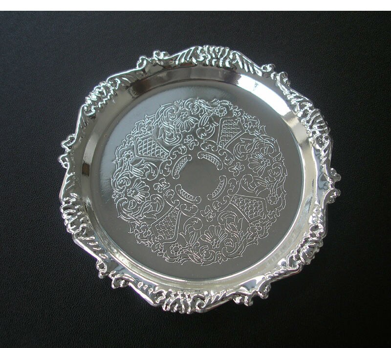 10cm sjældne zinklegeringsmetaller runde kaffe / te kop coaster pad dessert plade mat bordservice indgravering præget sølv guld 339a