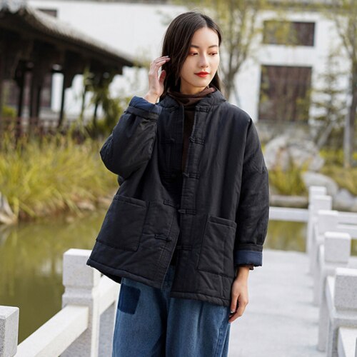 Costume Tang de Style chinois traditionnel pour femmes, hauts amples rétro Hanfu en coton et lin Zen Tea Coat vestes vêtements de orientale: Black / M