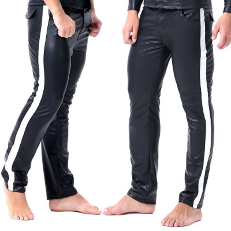 Menn stripe lappeteppe trange lakkbukser ytelsesklær motorsykkelbukser barer nattklubb uformelle leggings: L