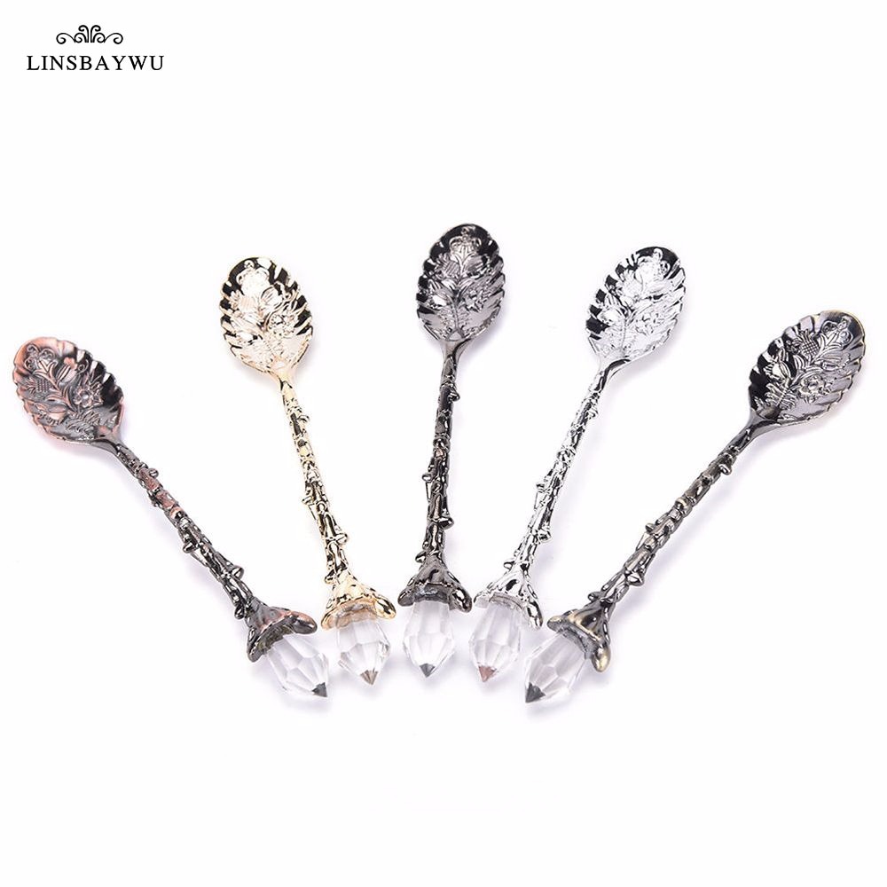 1pc Alloy Crystal Retro Coffee Tea Spoon Carved Flower Small Spoonful Dessert Spoons For Afternoon Tea Little For Souvenir
