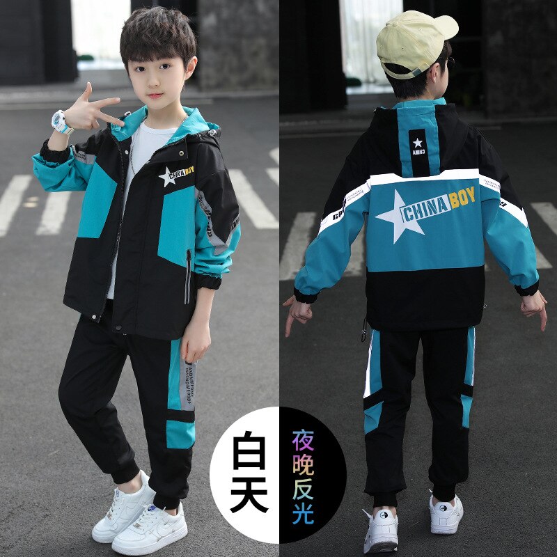 Kinder Kleidung Herbst Anzug Jungen Hoodies und Hosen Winddicht Graben Mantel Leucht Langarm 2 Pcs Set