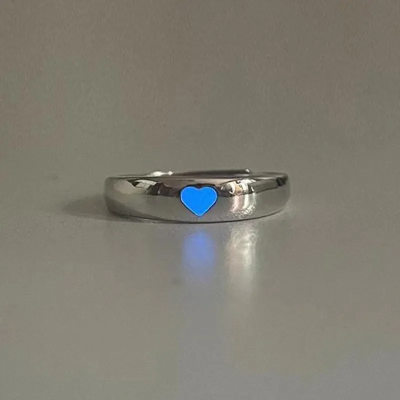 Glow In Dark Ring Lichtgevend Blauw Roze Licht Liefde Hart Ring Koppels Meisjes Zilver Kleur Sieraden Maat Verstelbaar Mode Ringen: Blue