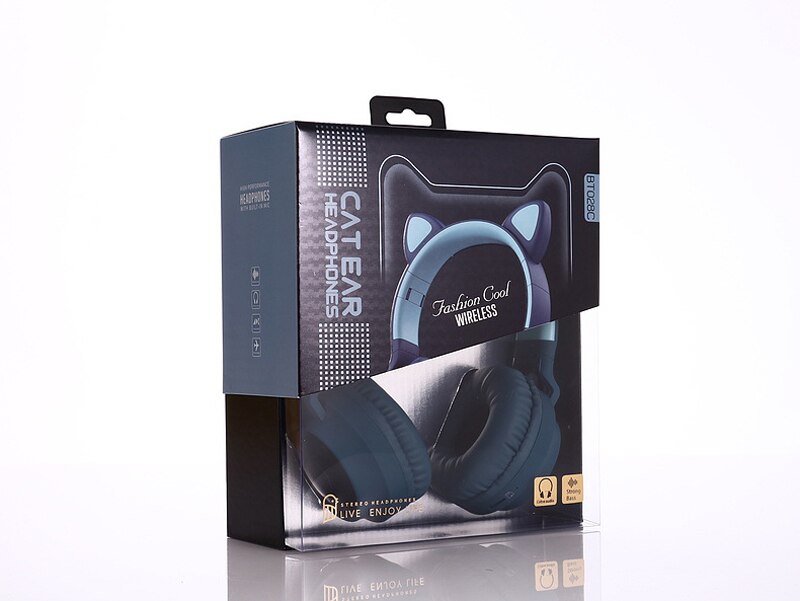 Cuffie Bluetooth a LED con orecchio di gatto cuffie carine, cuffie Bluetooth per bambini per ragazze cuffie vivavoce con luce incandescente cuffie da gioco: 028C blue with box