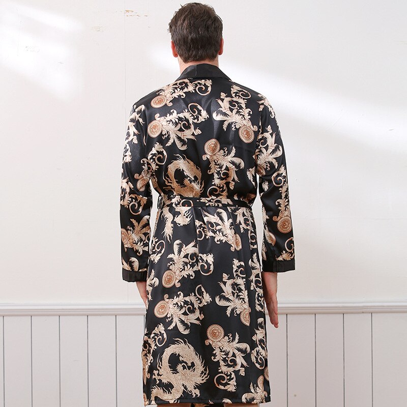 Luksus mænds silke kappe drage print langærmet elskere badekåber kimono v-hals silke nattøj dame kappe kimono
