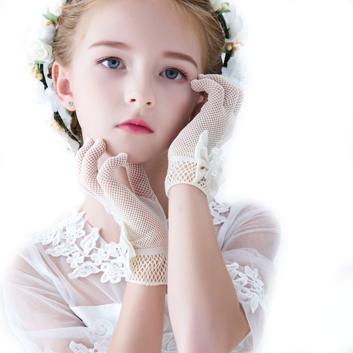 Infant Baby Children Girls Pageant Dance Princess Birthday Party Lace Gloves White Mesh Bowknot Pearls Wedding Glove Age 4~16