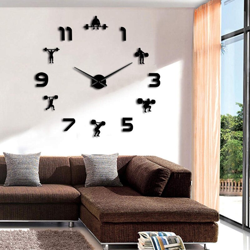 Large DIY Wall Clock Wall Watch Mirror Effect Powerlifting Frameless Wall Clock Weightlifting Fitnes Room Wall Decor