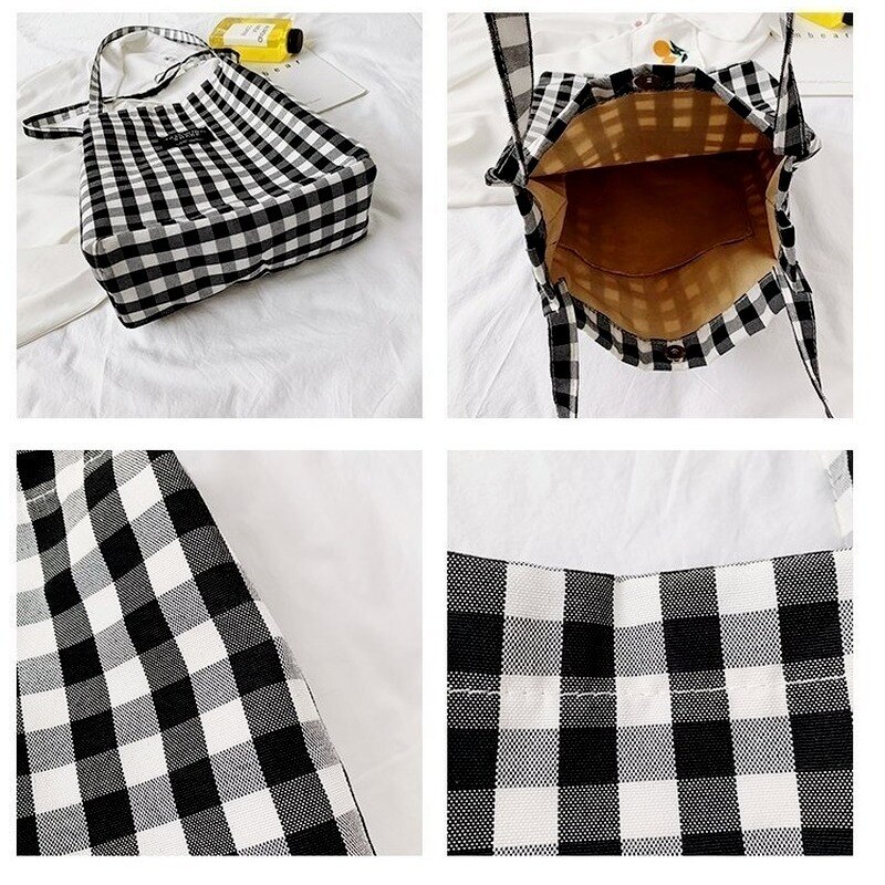 Mode Duurzaam Vrouwen Student Katoen Linnen Enkele Schoudertas Shopping Tote Check Plaid Vrouwelijke Vlas Canvas Boodschappentassen