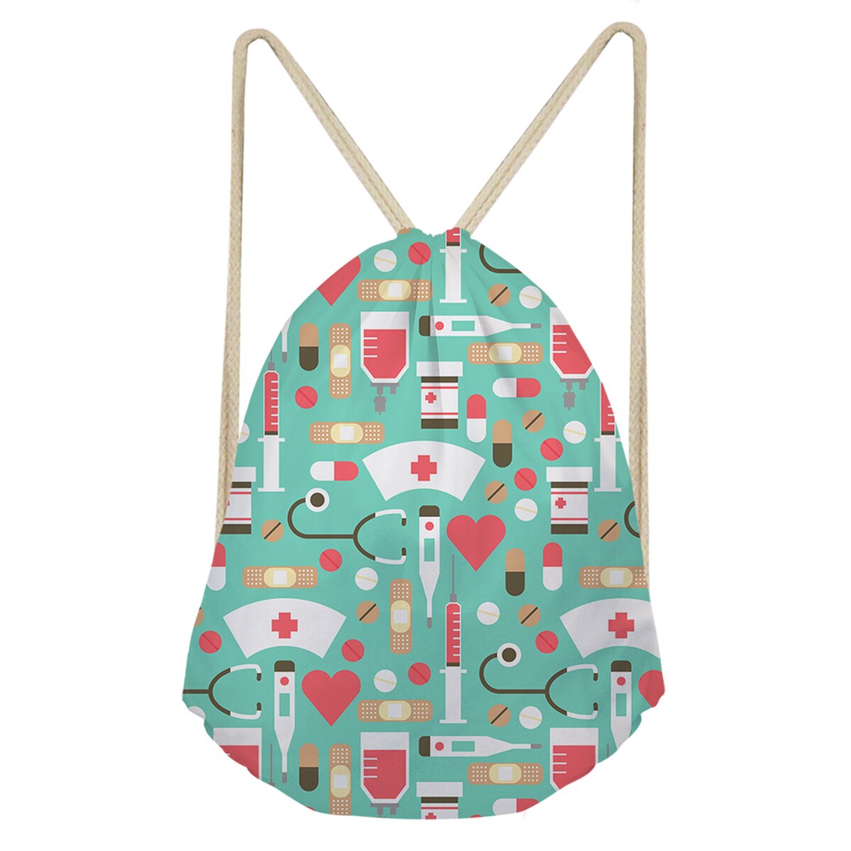 Verpleegster meisjes print trekkoord tas cartoon casual vrouwen fitness schouders rugzak lichte boodschappentassen zachte mochila: Wit