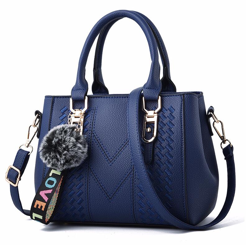 Colgante de bola de piel de ACELURE, bolsos de mensajero bordados de cuero negro PU sólido, bolsos elegantes para mujer, bolsos de mano para mujer, bolsos de compras para fiestas: Darkblue