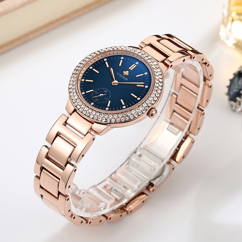 WWOOR – montre-Bracelet en acier inoxydable pour femmes, de luxe, diamant, or Rose, cadran bleu, Quartz