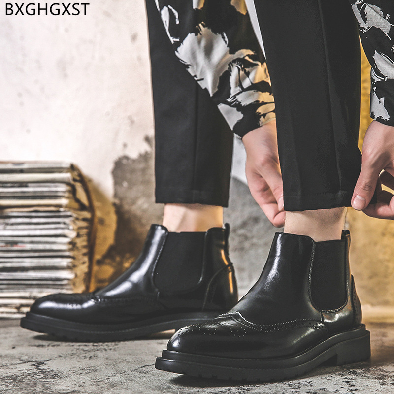 Bottes Chelsea noires en cuir pour hommes, grosses chaussures à plateforme pour moto, 2022
