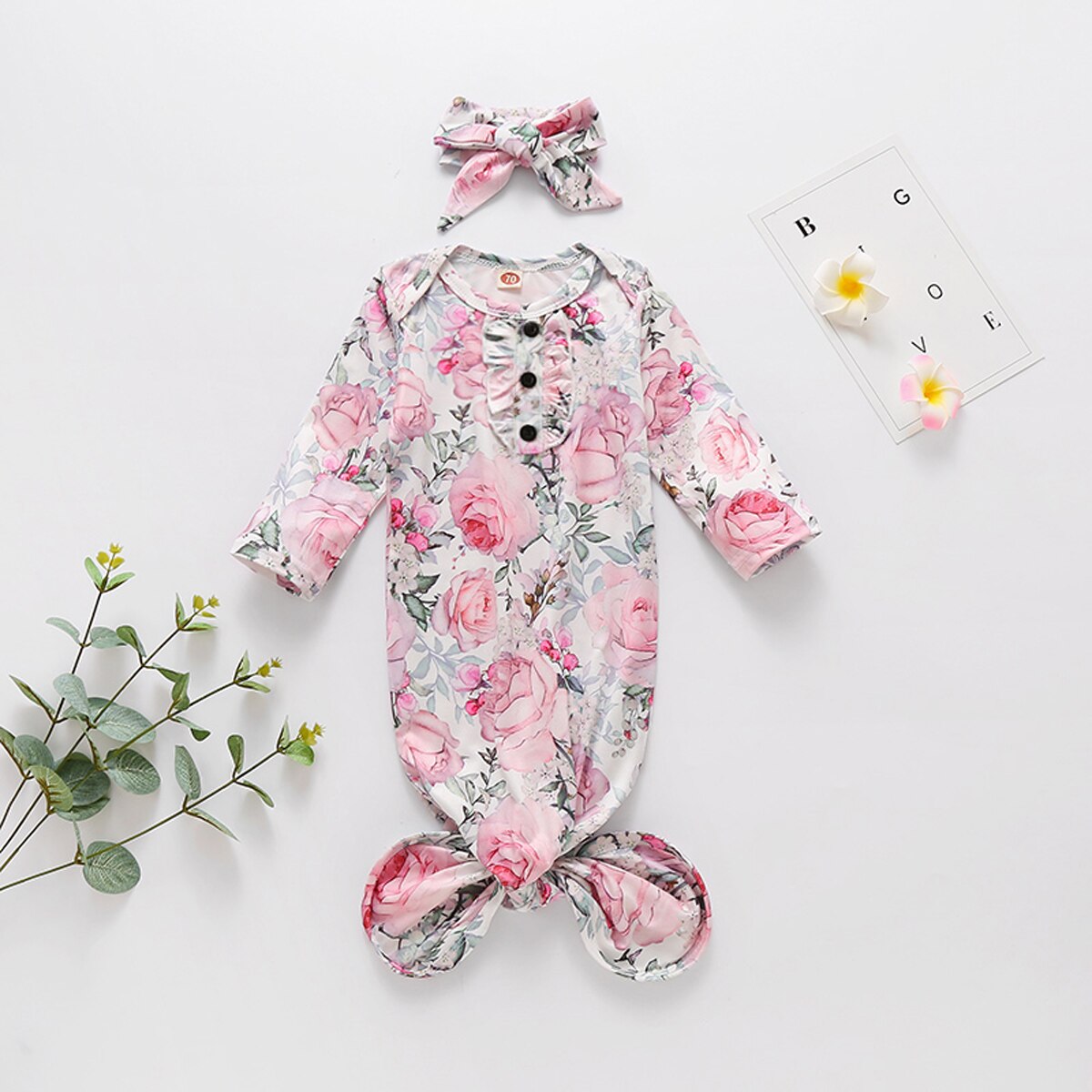 Baby Nightwear with Headband Rainbow Print Round Neck Long Sleeve Sleepwear+ Headdress