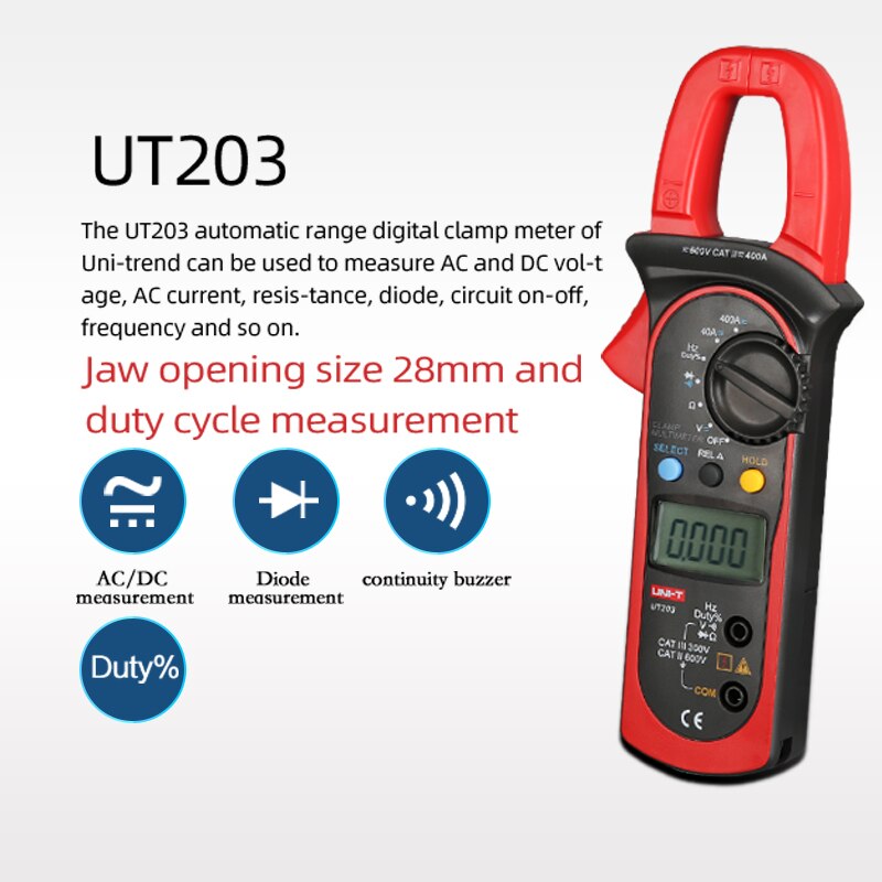 UT203 400-600A Digitale Stroomtang DC Spanning AC DC Weerstand Capaciteit Frequentie Temperatuur Connectiviteit Diode