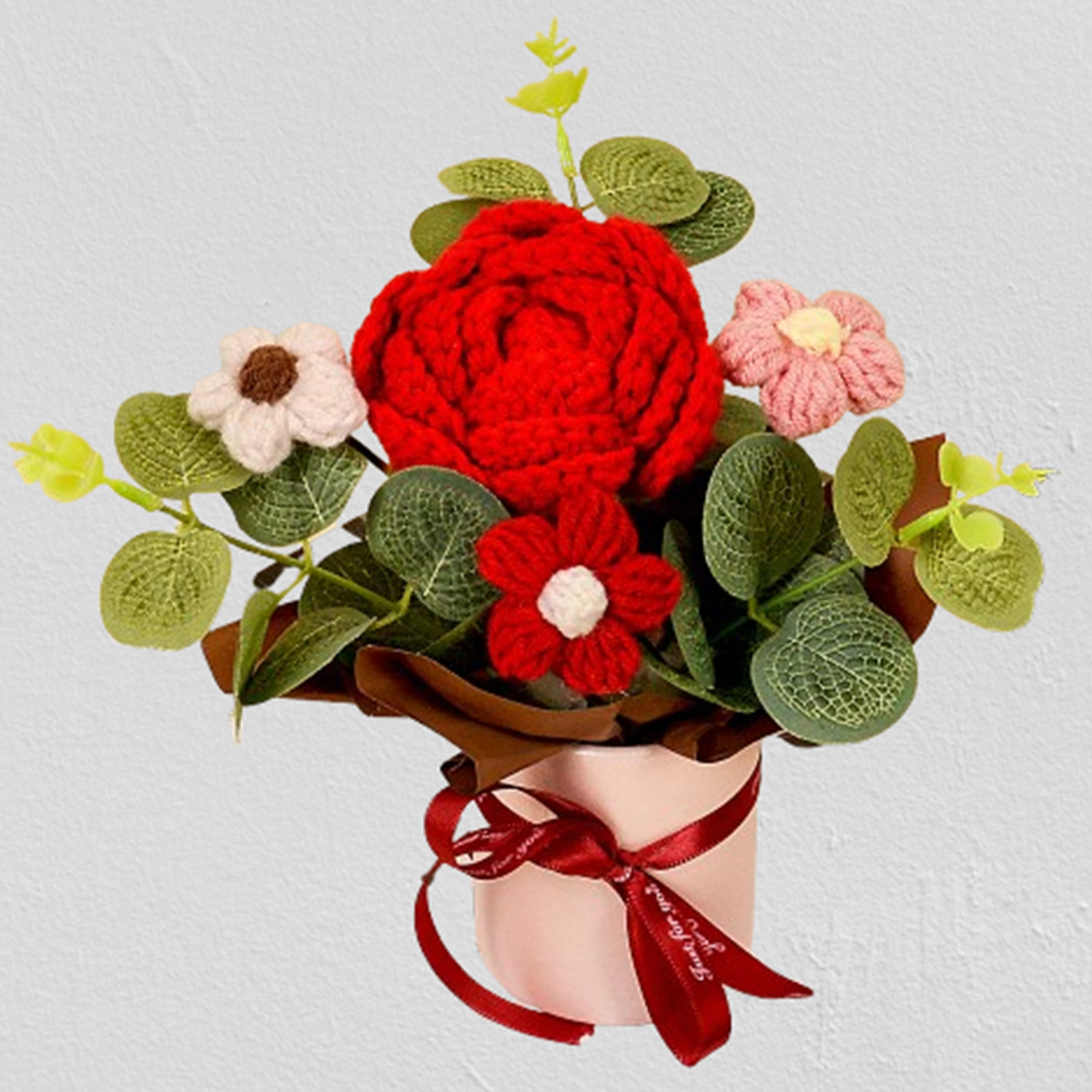 Ramos de flores de ganchillo hechos a mano, tela tejida de ganchillo, ramo de rosas y girasoles, decoración del hogar y para mujer, esposa, mamá, 1 ud.: Rojo