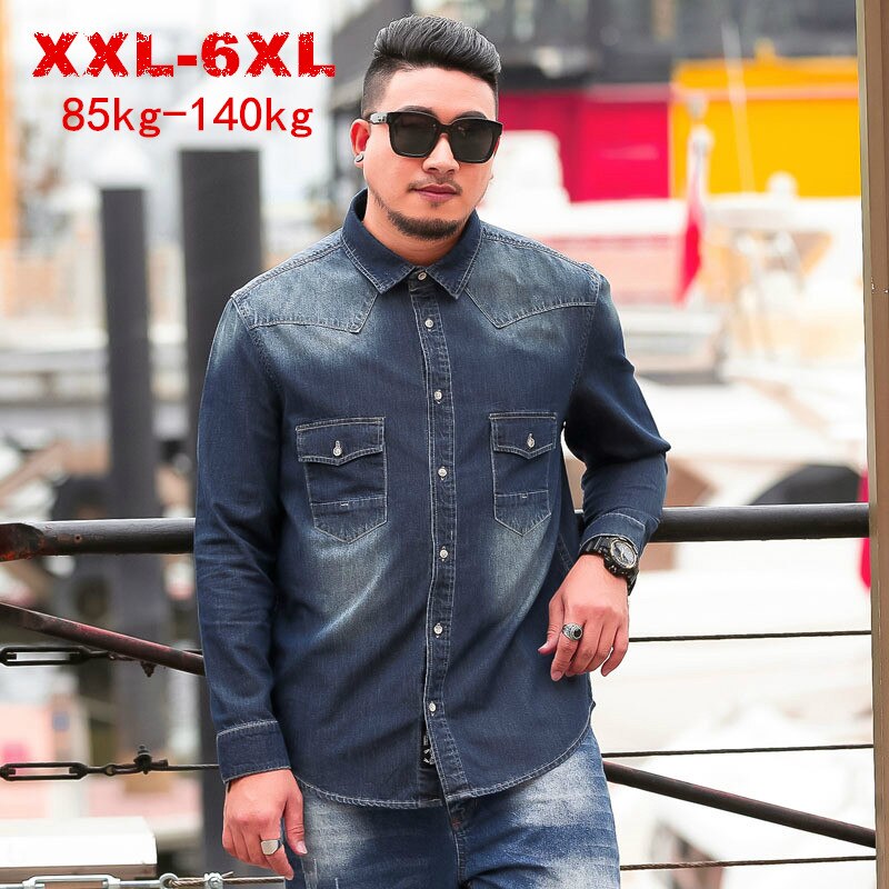 Pluss størrelse 8xl 6xl 5xl vår høst uformelle denimskjorter herre løs passe merkeklær stor stor størrelse fast bomullsskjorte