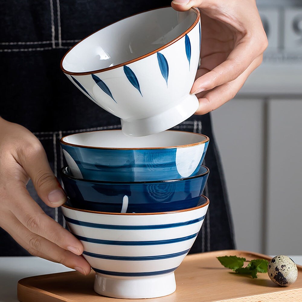 Japanse Ramen Kom, Keramische Kom, Servies, Hoge Voet Hoed Kom, Grote Soepkom, thuis Netto Blauw En Wit Porselein