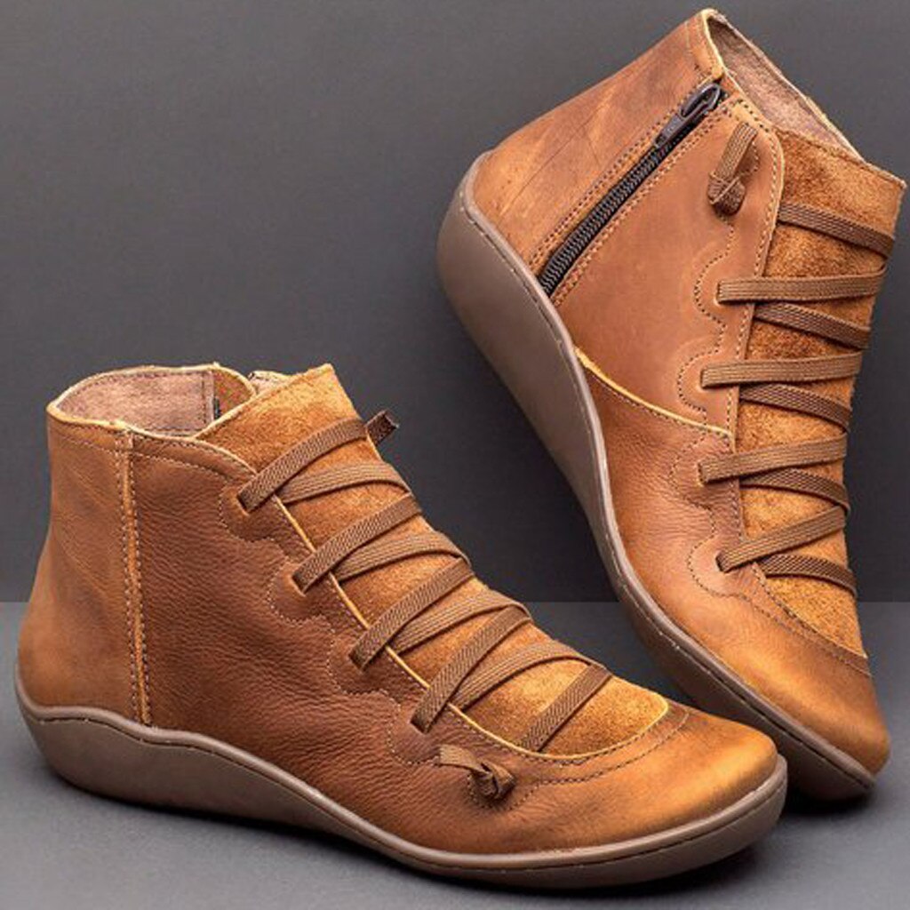 Botas de para mujer, zapatos de informales de cuero plano de encaje Retro, botas con cremallera lateral y punta redonda, n. ° 5,