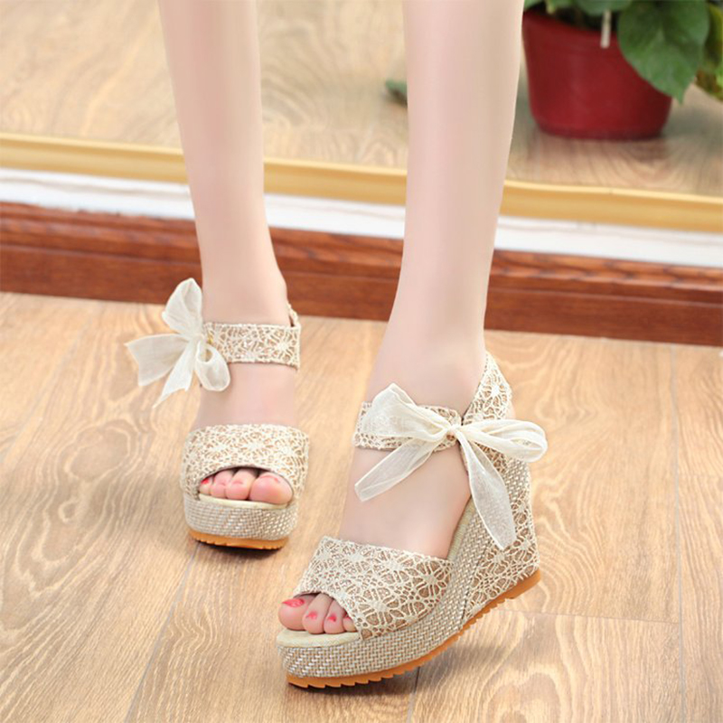 Dames Schoenen Open Neus Strik Zijden Lint Dames Sandalen Hoge Hakken Effen Outdoor Casual Plateau Wig Vrouwen Sandalen: Clear / 36
