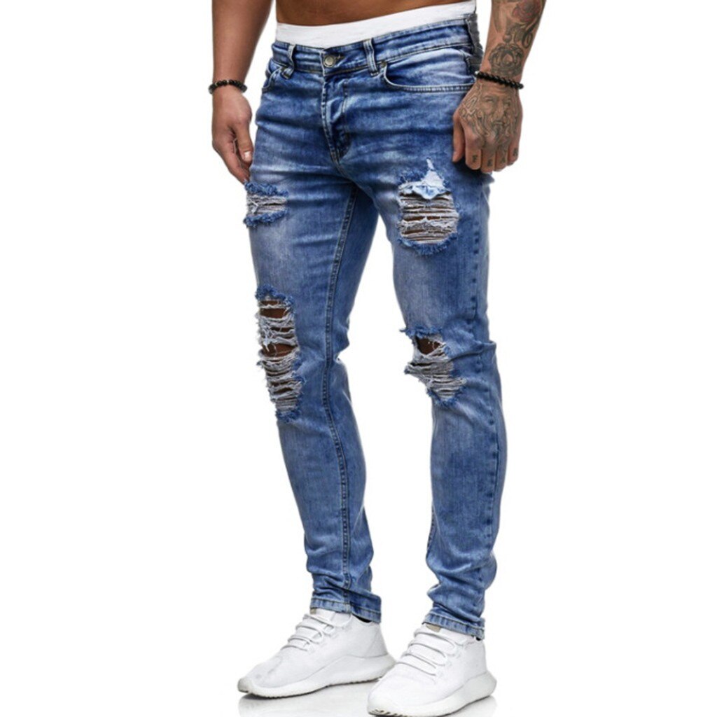 Jeans Men Ripped Skinny Jeans Blue Pencil Pants Motorcycle Party Casual Trousers Street Clothing Denim Man Streetwear L3