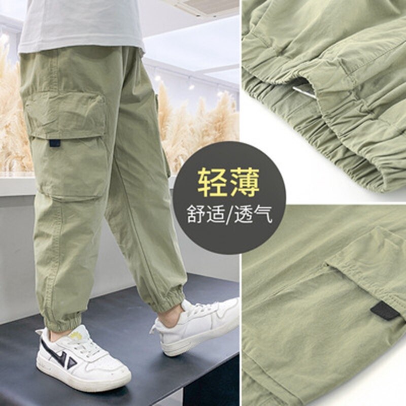 Pantalones Cargo de Verano para Niños y Adolescentes, calzas deportivas de algodón con bolsillo holgadas, Color puro, para correr, de 5 a 14 años