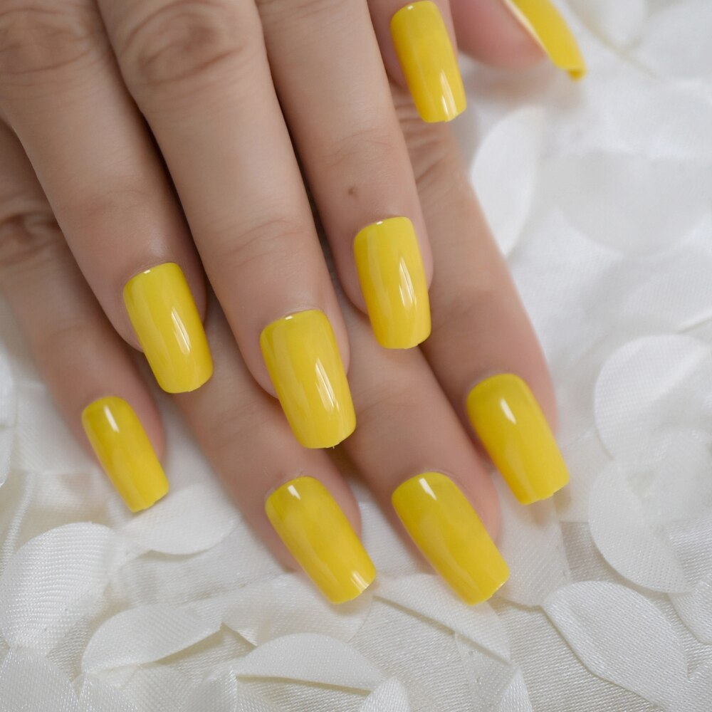 Neon Tip Druk Op Nagels Citroengeel Vierkante Zomer Nep Nagels Uv Gel Medium Lange Acryl Tips: L5215