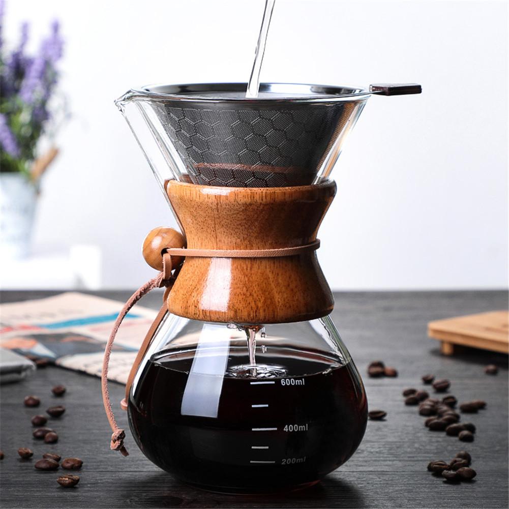 Pour Over Coffee Maker Glass Carafe And Reusable Stainless Steel Permanent Filter Manual Coffee Dripper With Real Wooden Sleeve