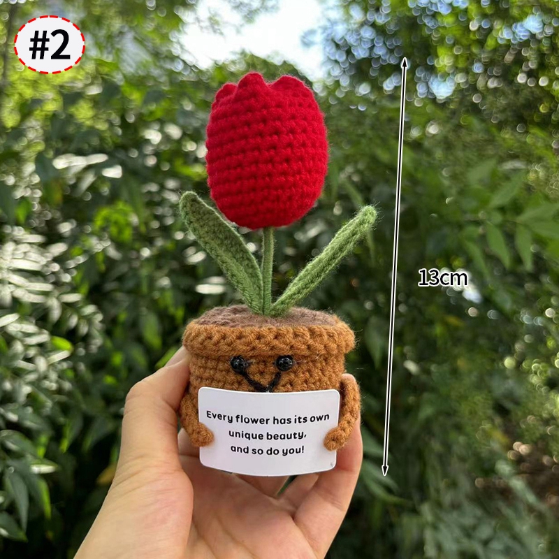 Flor de ganchillo hecha a mano, adorno de lana tejido en maceta de girasol, decoración divertida para aliviar el estrés con tarjeta positiva: Verde claro