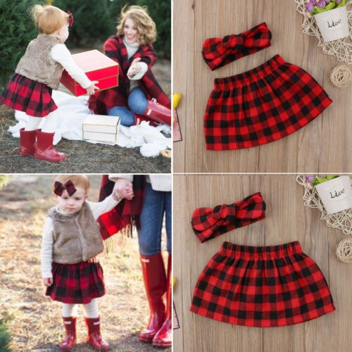 3-18M Pretty Christmas Kids Baby Girls Xmas Plaid Skirts + Headband Outfit Clothes 2Pcs