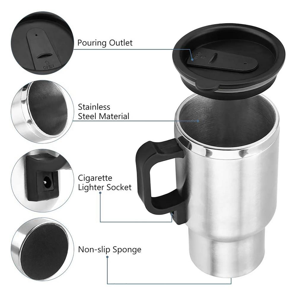 DC 12V 450ml Car Heating Cup Stainless Steel Liner Warmer Tumbler Electric Heated Coffee Tea Milk Bottle