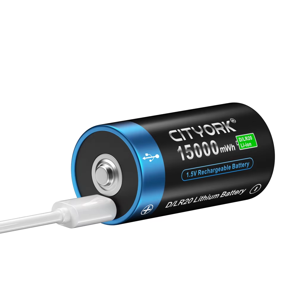 CITYORK-batería de litio recargable tamaño D, 1,5 V, carga USB, baterías de iones de litio R20 LR20 con USB para estufa de Gas, linterna de agua