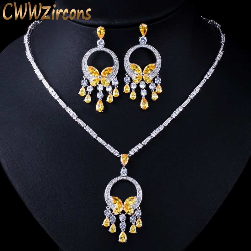 CWWZircons Noble Yellow Cubic Zirconia Stone Tassel Big Necklace and Earring Women Prom Party Jewelry Set T026