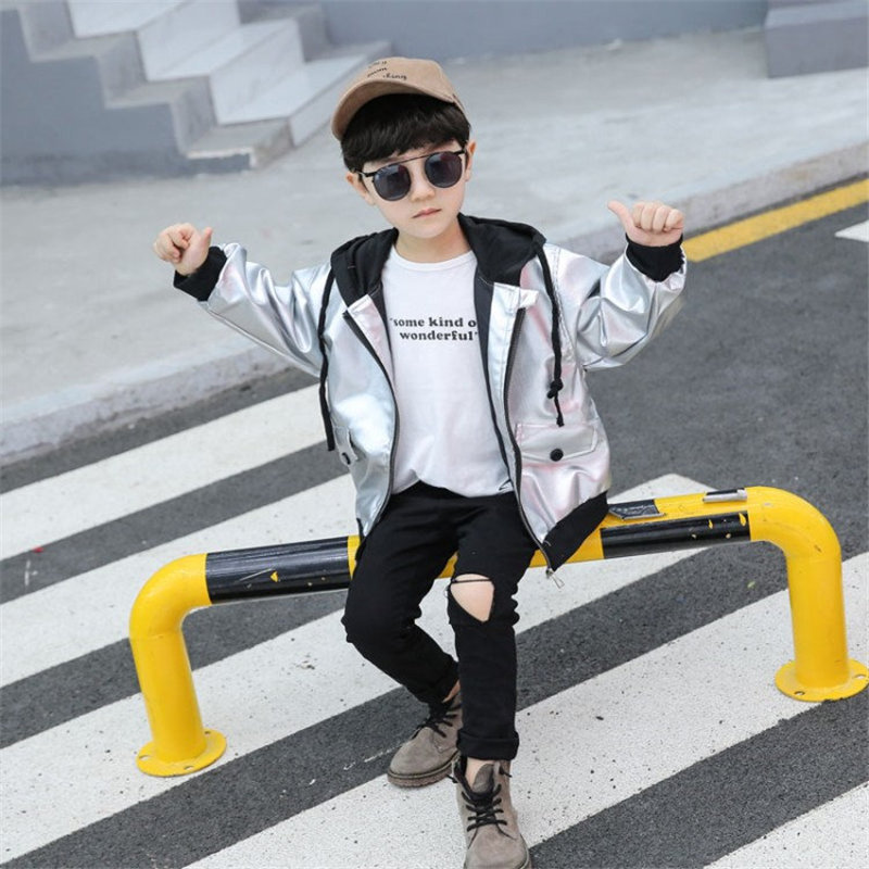 Kids Sport Leren Jas Herfst Jongens Meisje Hoodies Jas Reflecterende Zilveren Lange Mouwen Bovenkleding Ademende Unisex Windjack 3-9Y