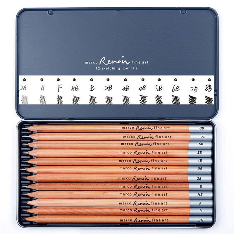 Marco 12 kunstner tegning blyanter 8b,7b,6b,5b,4b,3b,2b, b, hb, f, h ,2h kunst blyanter skitsæt tegnesæt præcision grafit blyanter: Default Title