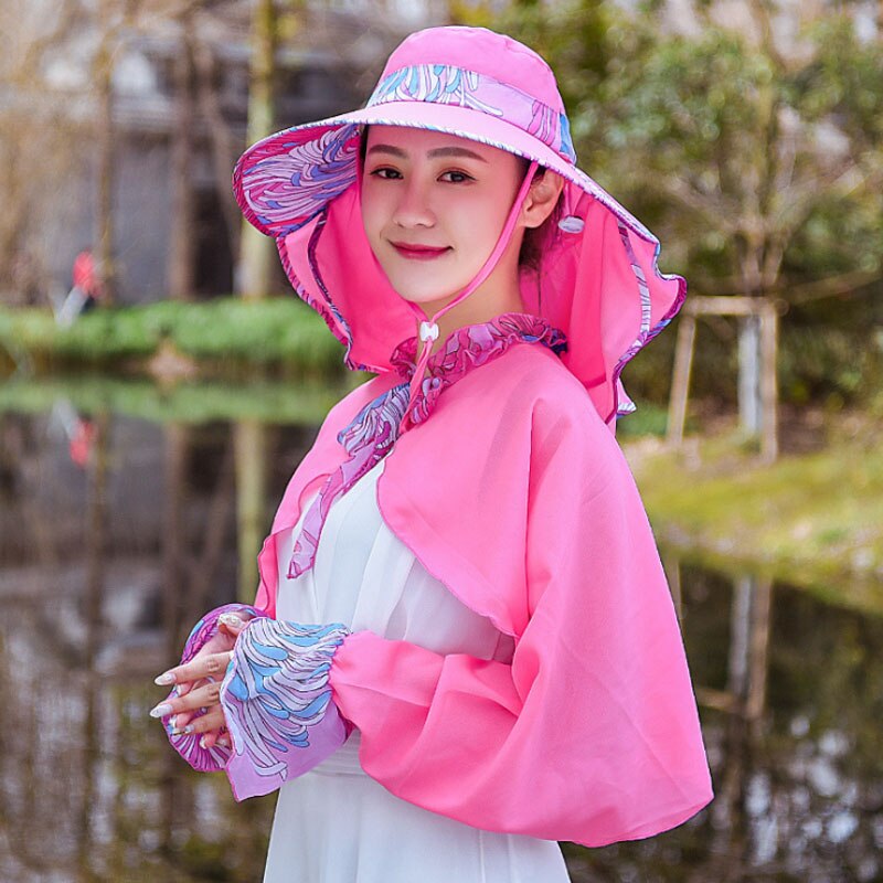 Ymsaid Chiffon Flowers Big Eaves summer hats for women Foldable Covered Face Neck Cycling Anti Uv Sun Hat: Rose red Hat shawl