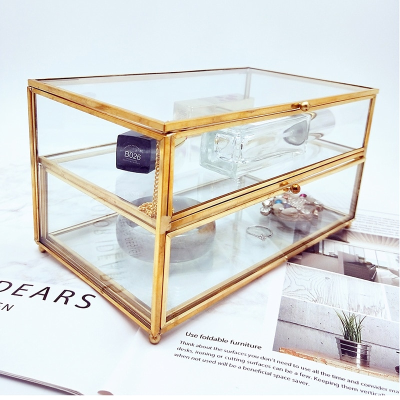 Vintage Glass Cosmetic Storage Box Drawer Organizer Desktop Dust Proof Cotton Swab Tissue Box Dressing Table Shelf Decor Holder