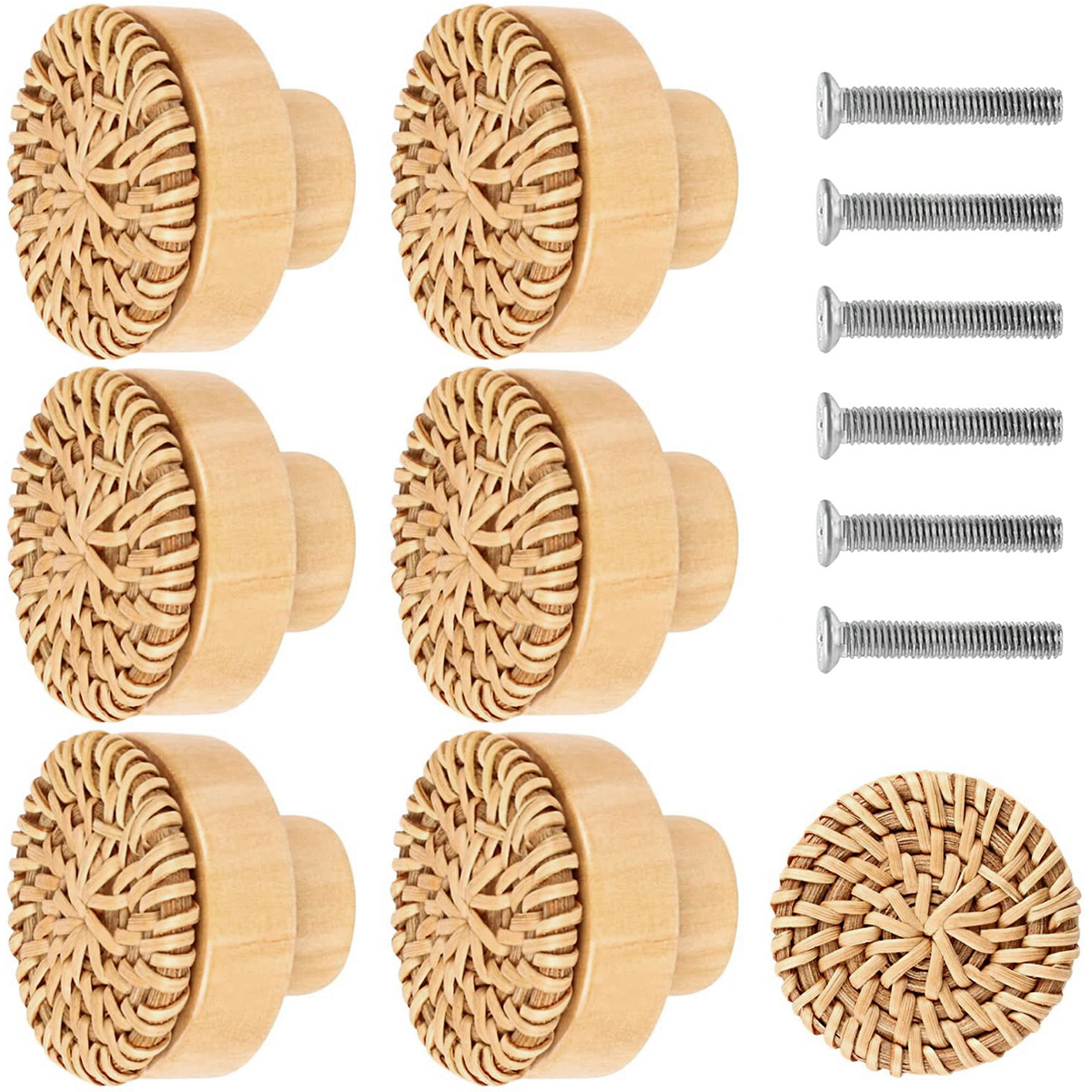 6/12PCS Rotan Houten Lade Knoppen Boho Rotan Dressoir Knoppen Ronde Handgemaakte Kasten Dressoir Handgrepen Kast Kastdeur Pull