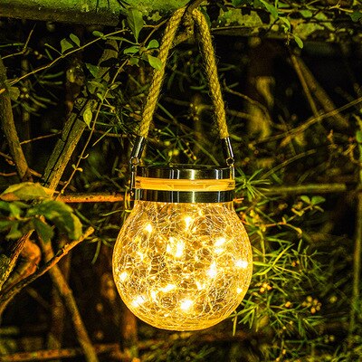 Sol led lampe sprekk hengende lys ball glass krukke lys utendørs hage dekorasjon tre lys kobbertråd lys julelys: Varm hvit